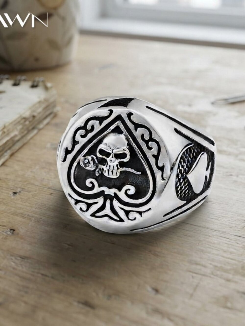 Mens Ace of Spades Skull Biker Ring